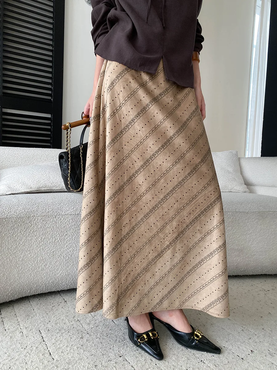 Autumn new retro commuting style striped polka dot high waist slimming suede skirt