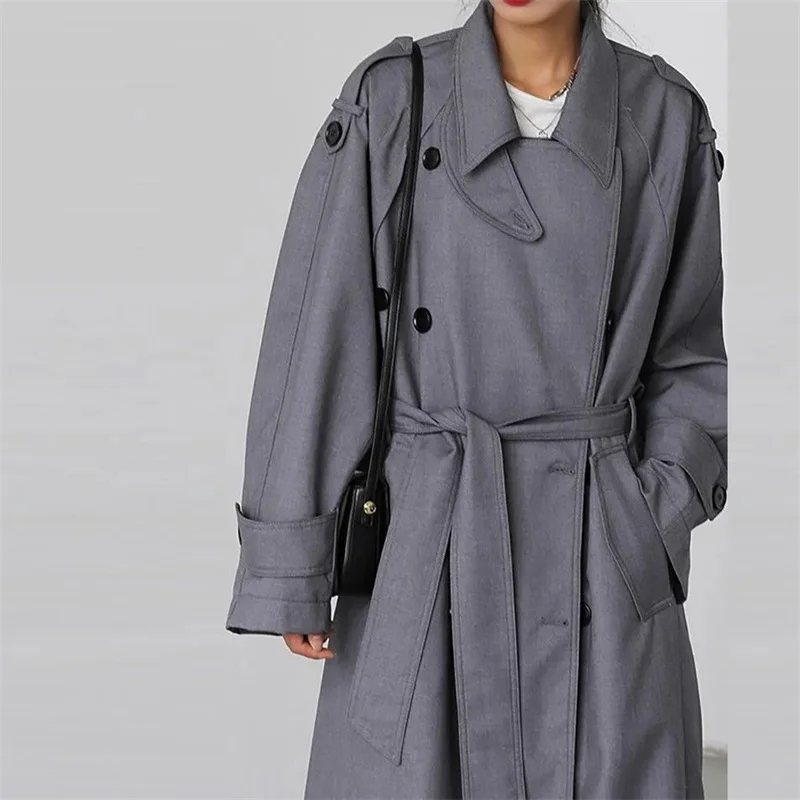 Trench lungo grigio kaki oversize primavera autunno per donna Cappotto doppio petto sciolto casual alla moda coreana