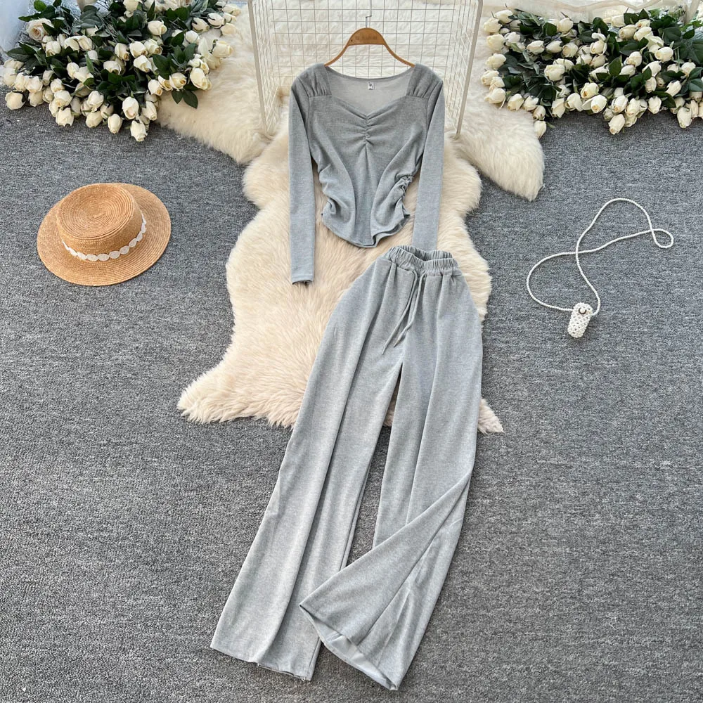 

Two Pieces Women Pant Sets Solid Matching Sets Square Collar Flods Top High Waist Wide Leg Pants Loose Casual 2025 Autumn Winter