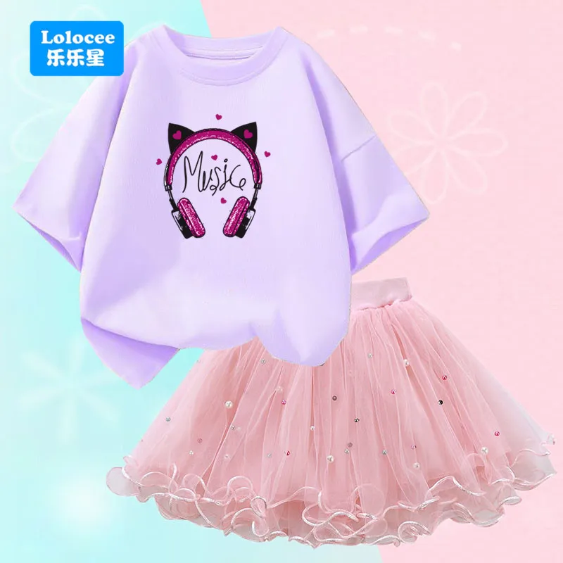 Girls 2 Piece Outfit: Purple Music Headphone T-Shirt + Pink Tulle Tutu Skirt Set for Kids 3-14Y Cute Sparkle Party Clothes EJM1