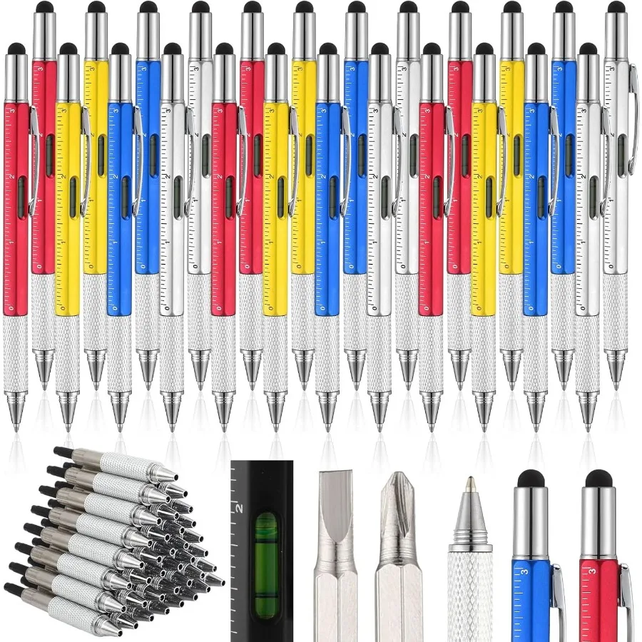 Yeaqee 24 Pcs Multi Tool Pens for Men 6 in 1 Screwdriver Multi Function Pen with Refills Ruler Level Gauge Ballpoint Pen for Da