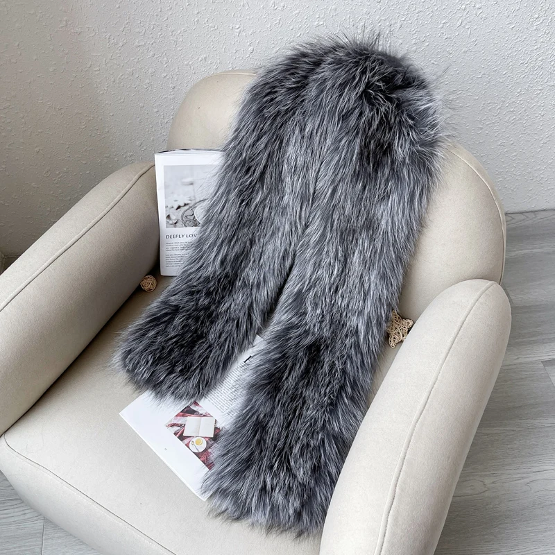 2024 Fashion Brand Female Real Fox Fur Scarf Winter Women Warm Fluffy Natural Fox Fur Scarves Lady Knit Fur Long Style Mufflers