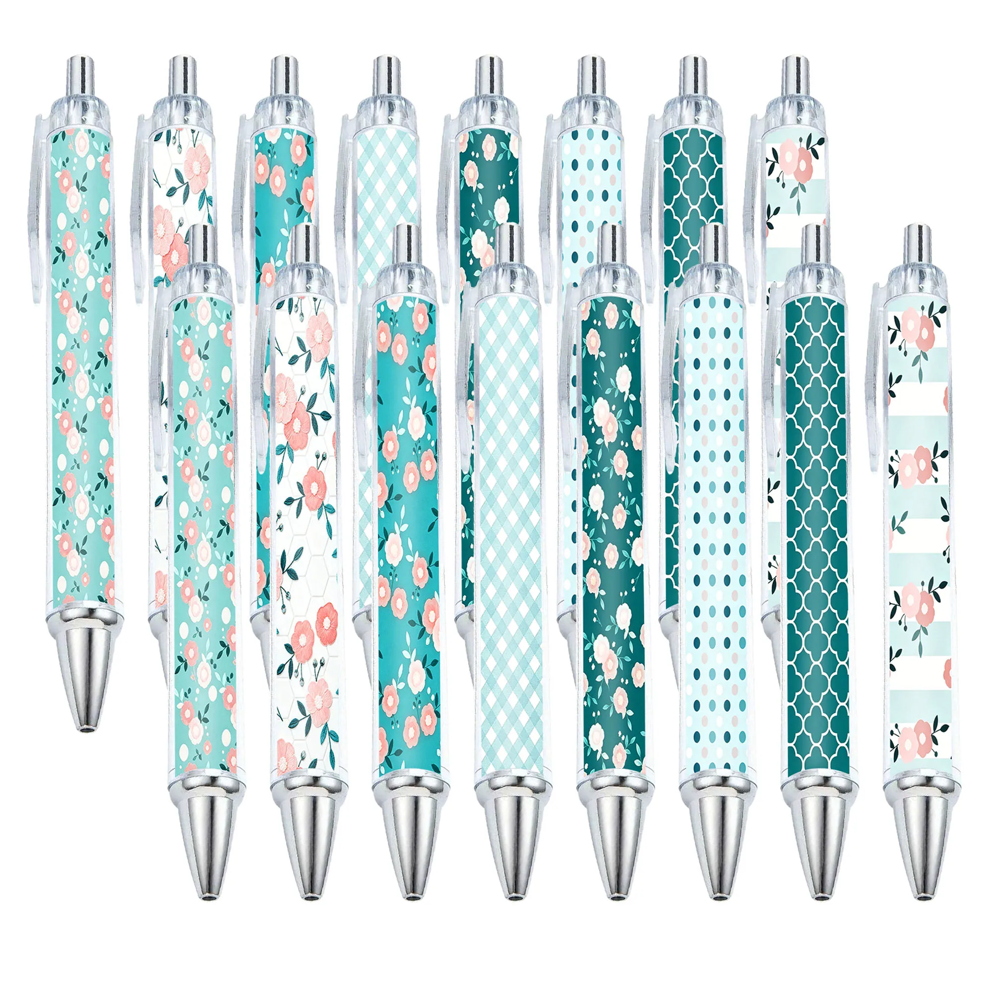 11pcs mint green floral ballpoint pen, fresh water green floral printing gift pen, smooth writing, random style