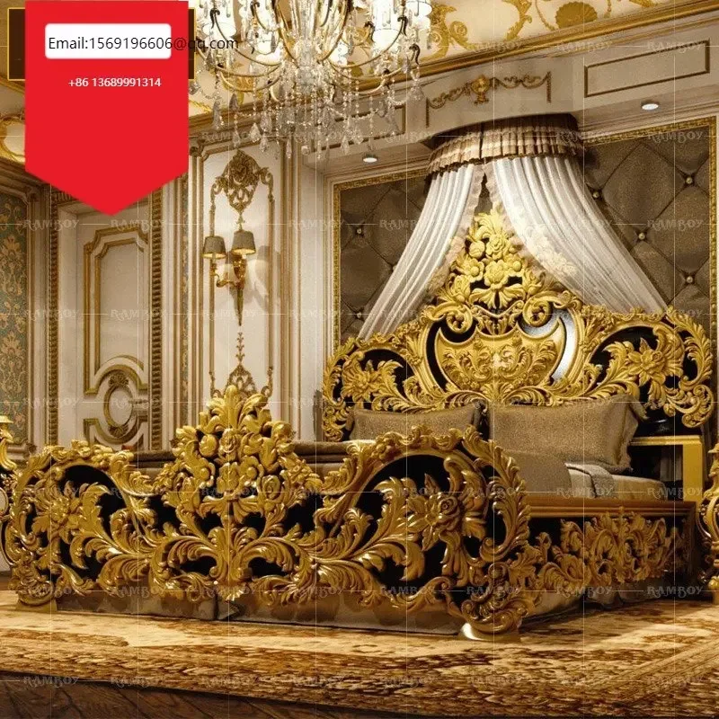 

European French high-end double villa bedroom gold foil king full solid wood carved Court Bed