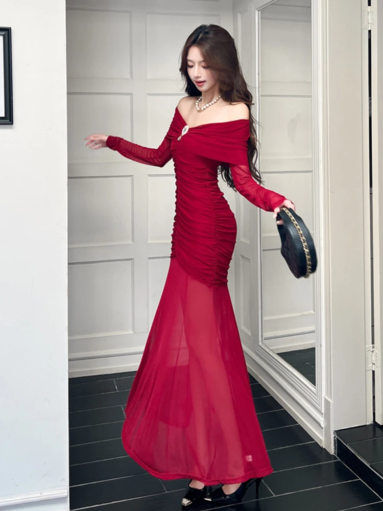 Femmes vêtements soirée rouge maille pure Sexy épaules dénudées maigre longue Robe élégante dame mode fête robes Robe de noël nouveau