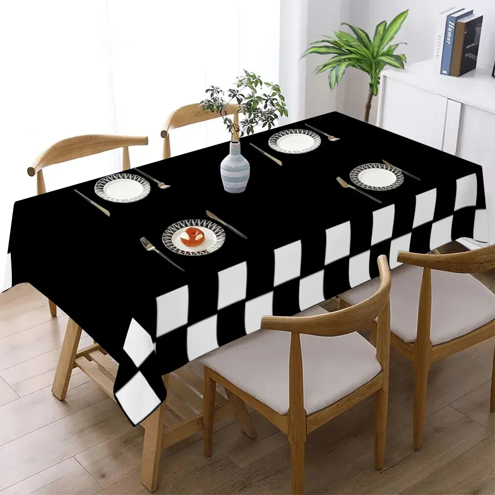 Car birthday party theme - black and white checkered racing pattern - home decoration - rectangular polyester tablecloth