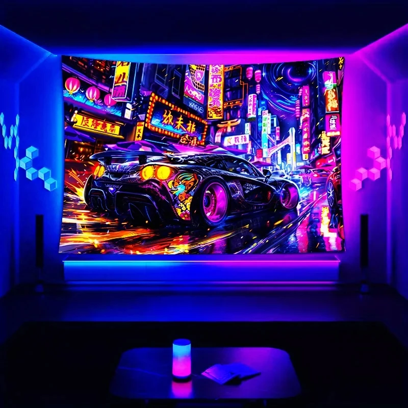 VIKAMA UV-Reaktiver Cyberpunk Wandteppich Neon-Stadtstraßen mit Rennwagen Wanddekoration für Gaming-Raum Schlafzimmer