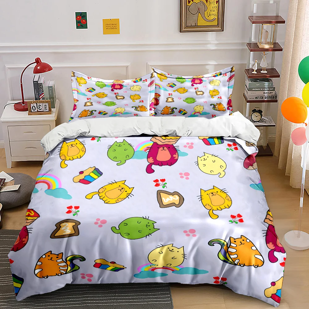 Cute cats with rainbow desserts Print Bedding Set 1 Duvet Cover 2 Pillowcases for Adult and Children Luxury Gift Full Size