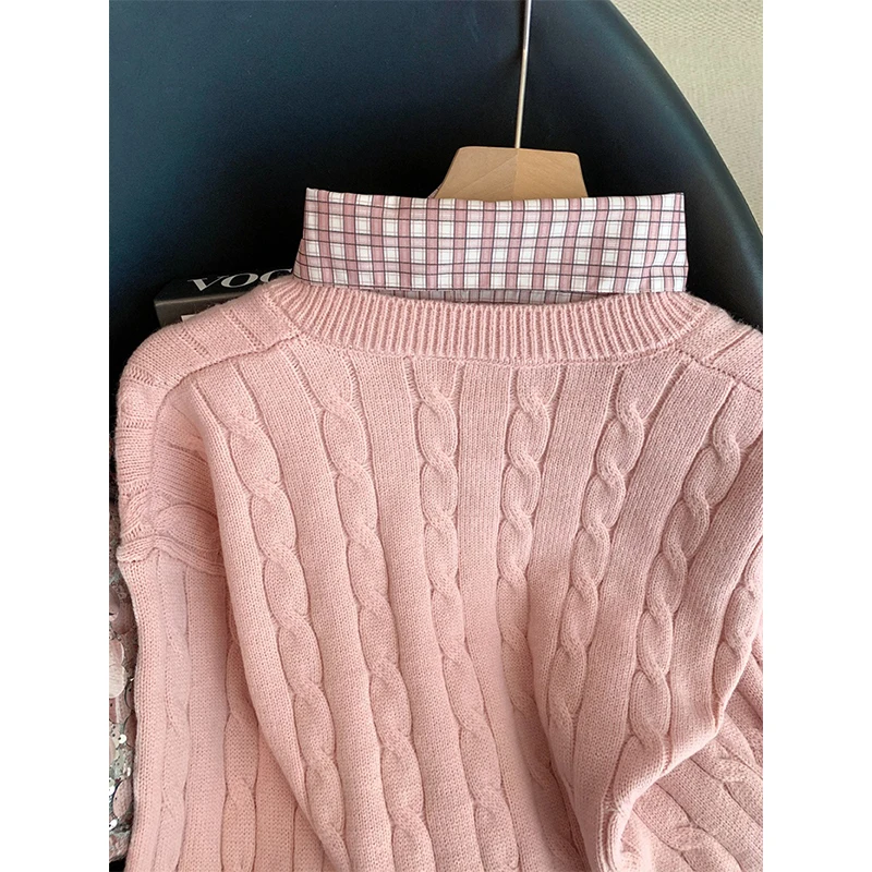 MEXZT Süße Rosa Pullover Frauen Harajuku Plaid Patchwork Gestrickte Pullover Koreanische Langarm Strickwaren Winter Mode Jumper