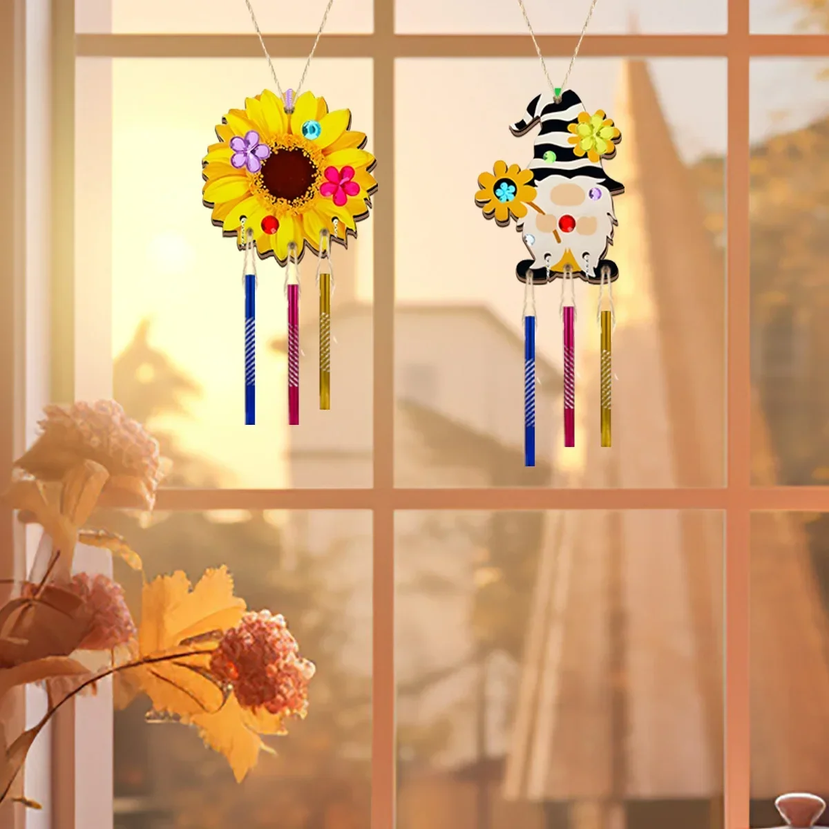 1Set  2026 Latest High Quality Unfinished Wooden Sunflower Wind Chimes DIY Craft for Valentines Day Home Decor