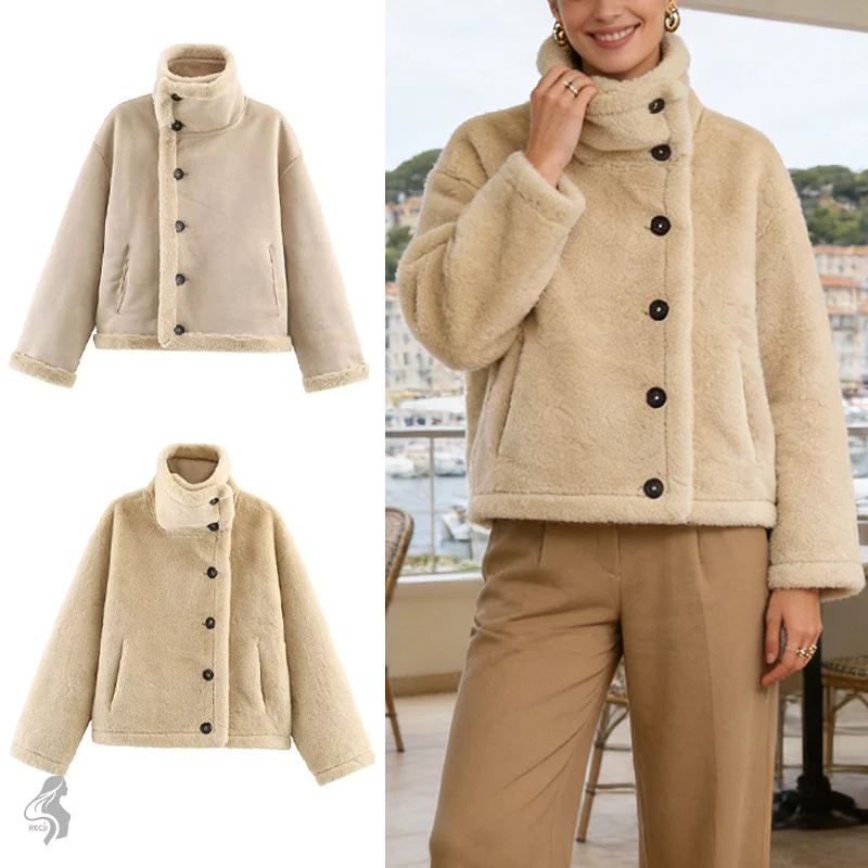 

Reversible Plush Jacket For Women High Neck Asymmetrical Single Breasted Autumn And Winter Warm Casual Work Jacket Woman Clothes