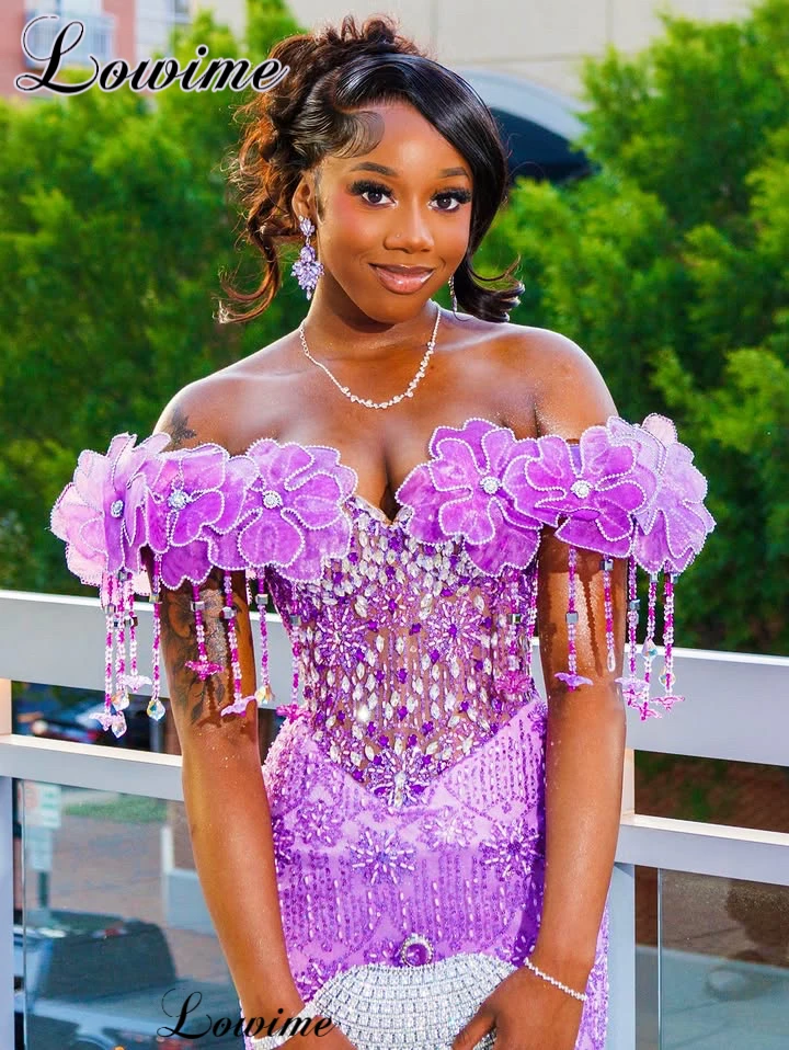 

2026 Newest Lilac Evening Dresses With Side Slit Off Shoulder Crystals Prom Dress Mermaid Party Gowns robes de soirée Customized