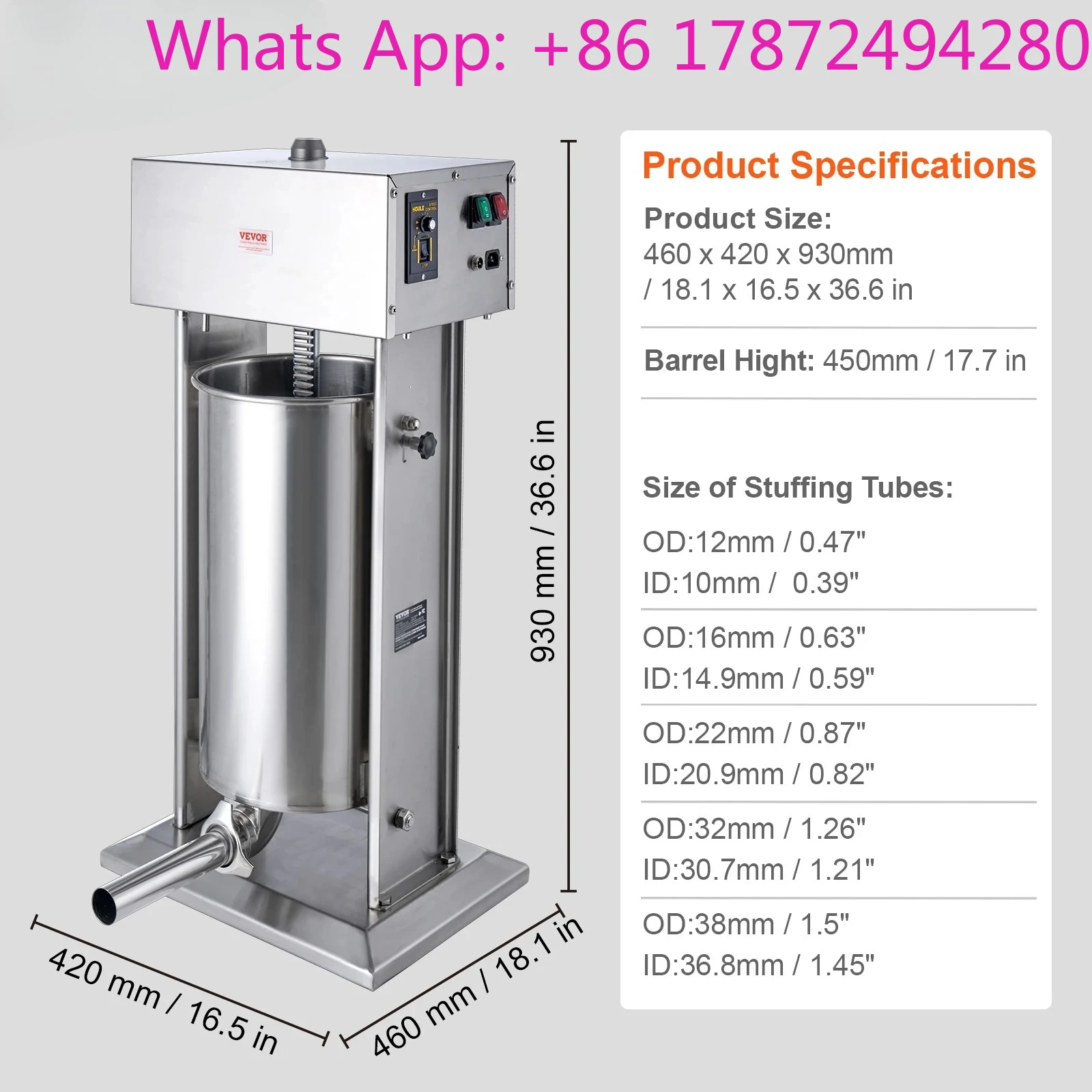 Electric Sausage Stuffer Vertical Meat Stuffer Speed Control Foot Pedal Made of 304 Stainless Steel 5 Stuffing Tubes