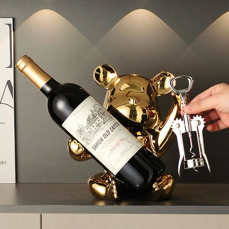 Electroplated Bear Ceramic Wine Rack with Bottle Opener, suitable for living room, bar and kitchen storage and organization.