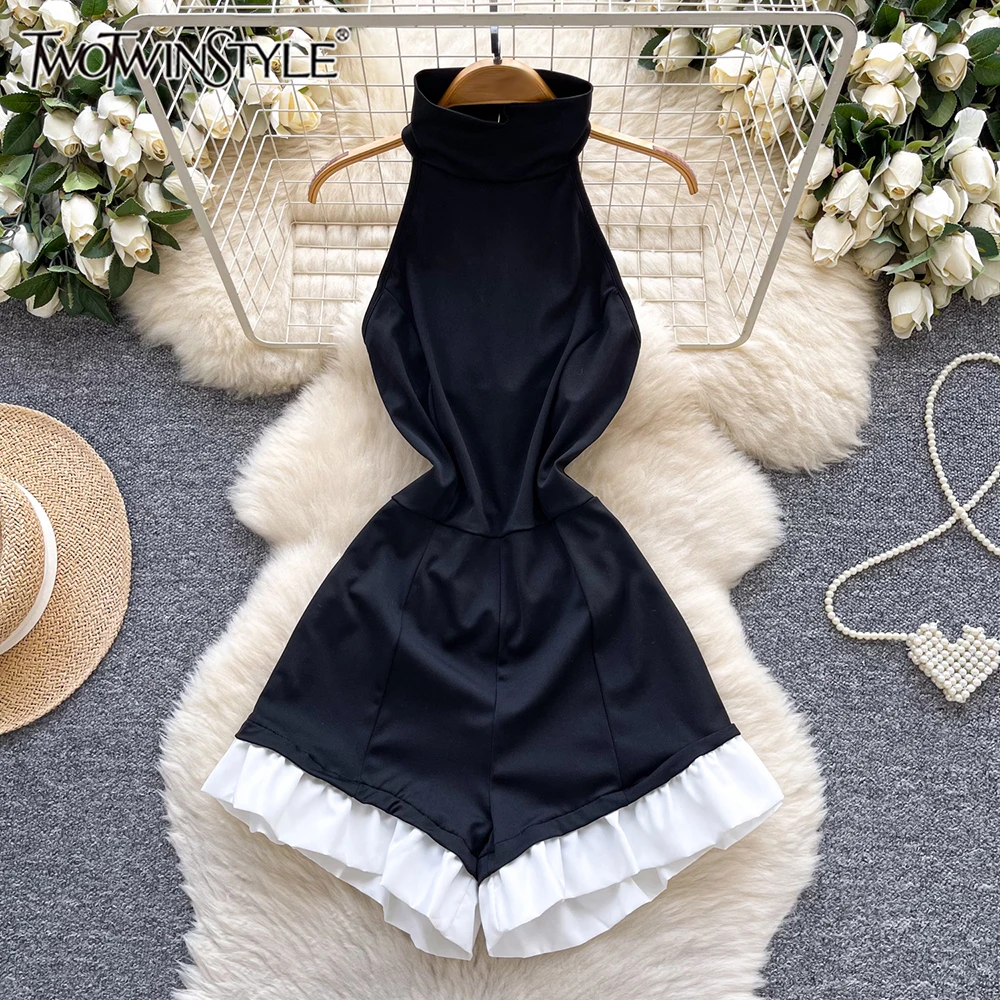 

TWOTWINSTYLE Elegant Spliced Folds Slim Jumpsuits For Women Round Neck Sleeveless High Waist Casual Jumpsuit Female KJU543981