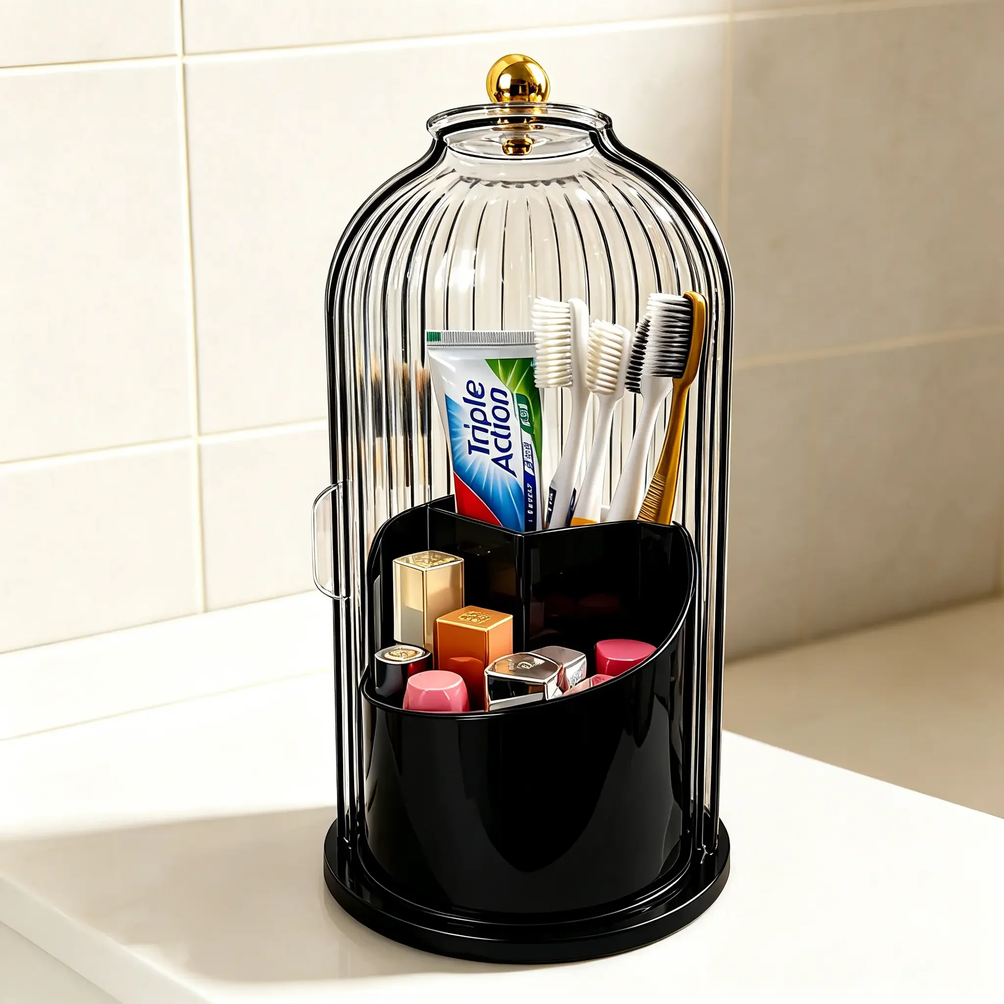 Toothbrush Holder with Sliding Lid, 3‑Slot Dustproof 360° Rotating Countertop Organizer for Electric Toothbrushes, Toothpaste & Makeup Brushes, Modern White Bathroom Vanity Storage, Holiday Gift Option