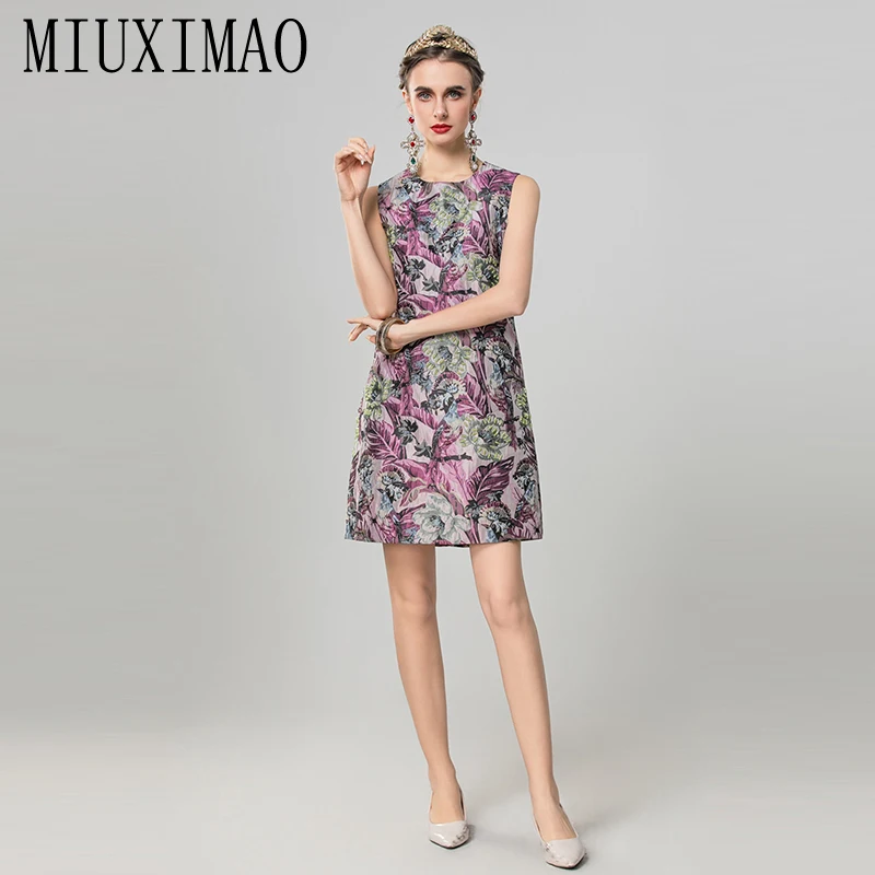 

MIUXIMAO 2025 Fashion Royal Luxury Jacquard Summer Dresses Leaf Floral Diamonds Dress A-LINE Mini Short Dress Women Vestides