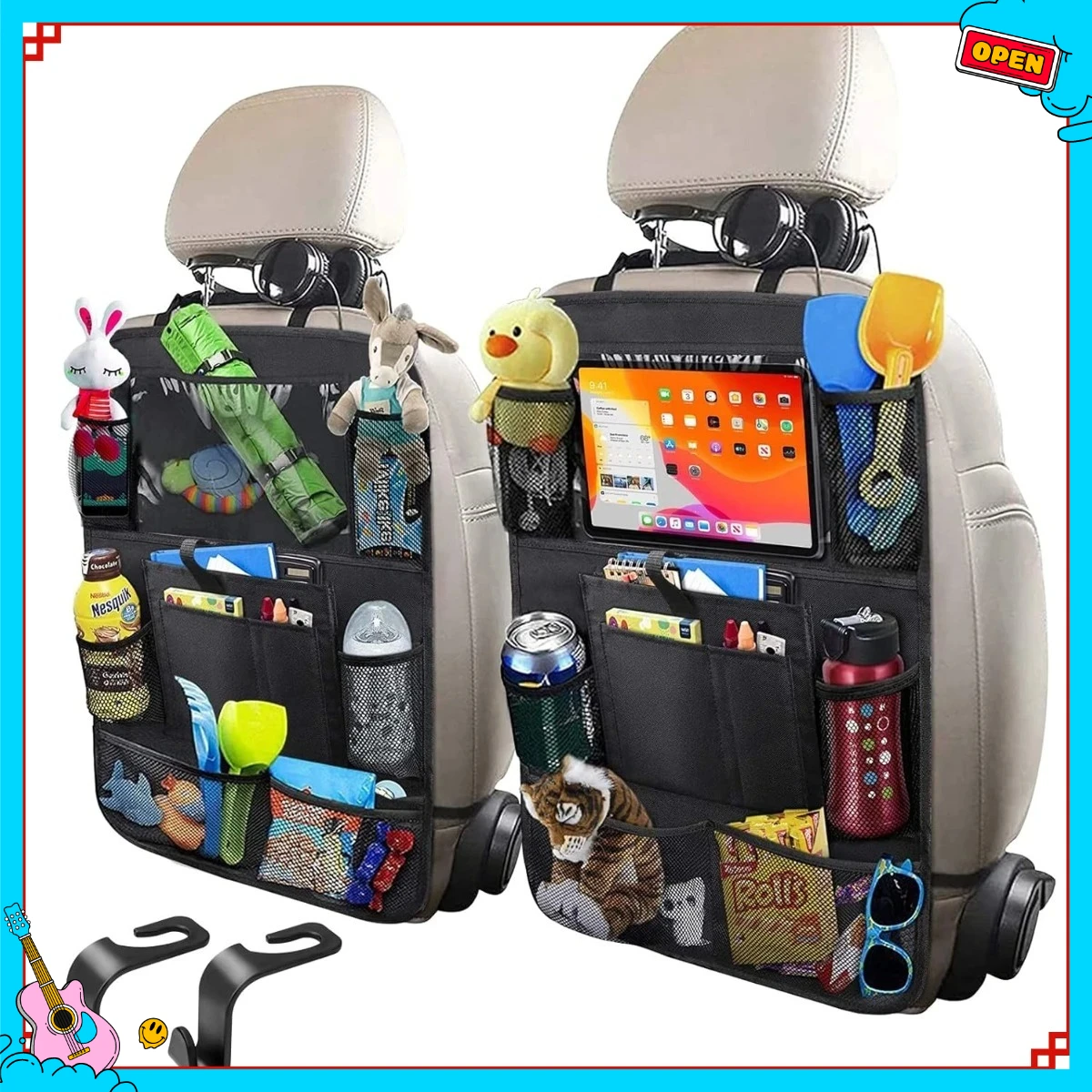 

Car Storage Organizer 2 Pieces, Durable Waterproof Oxford Cloth, 8 Mesh Pockets and 2 Snack and Toy Bags