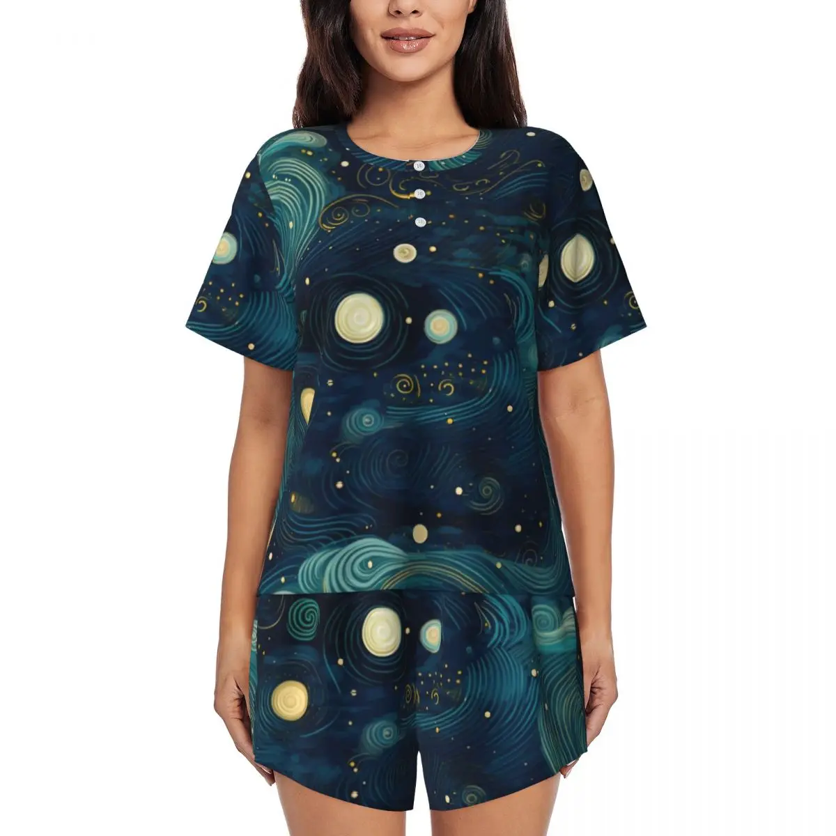 

Starry Night Sky Pajamas Van Gogh Famous Painting Casual O Neck Sleepwear Lady 2 Pieces Custom Short Sleeve Soft Pajama Sets
