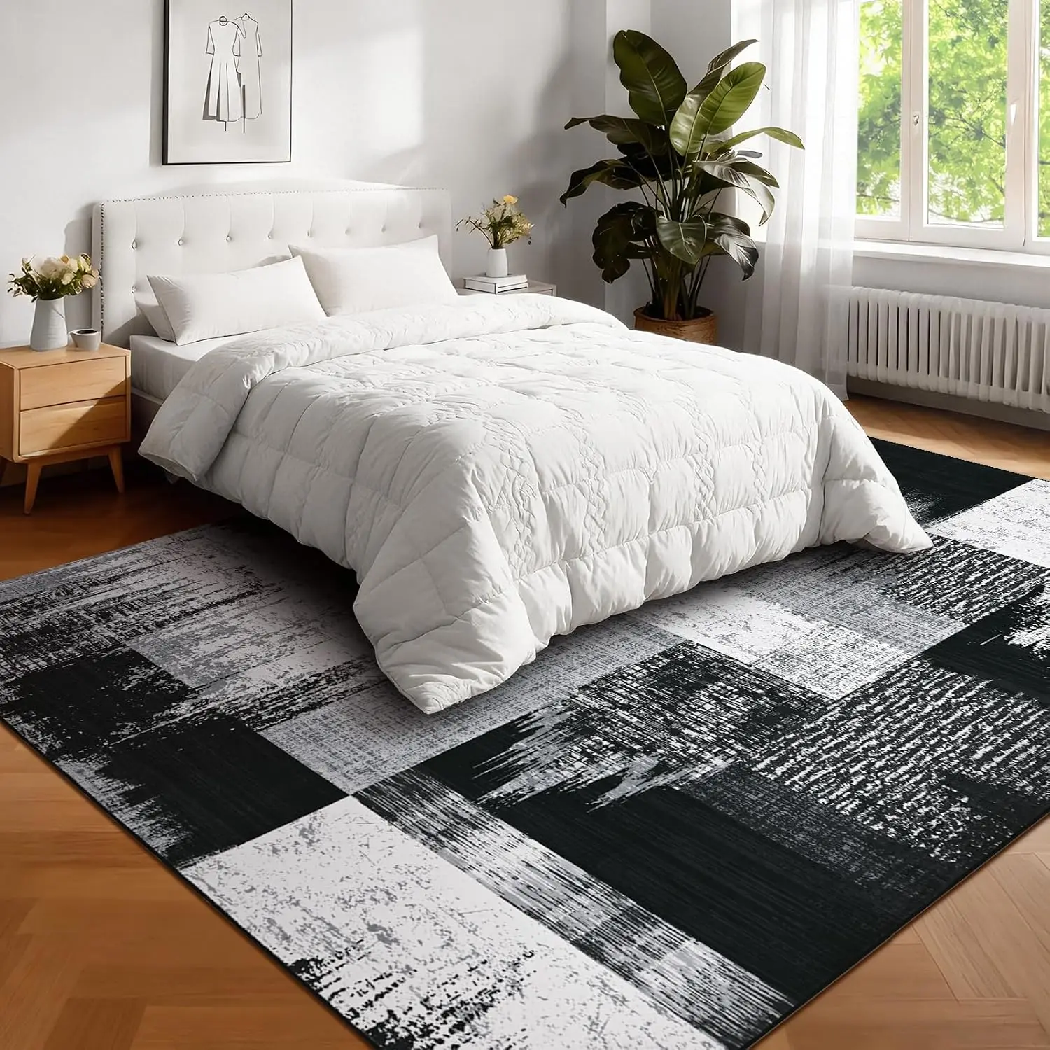 1pc 2D Flat Black White Brush Stroke Plaid Printed Floor Mat, Decorative Rug for Living Room, Bedroom, Office, Home Decor