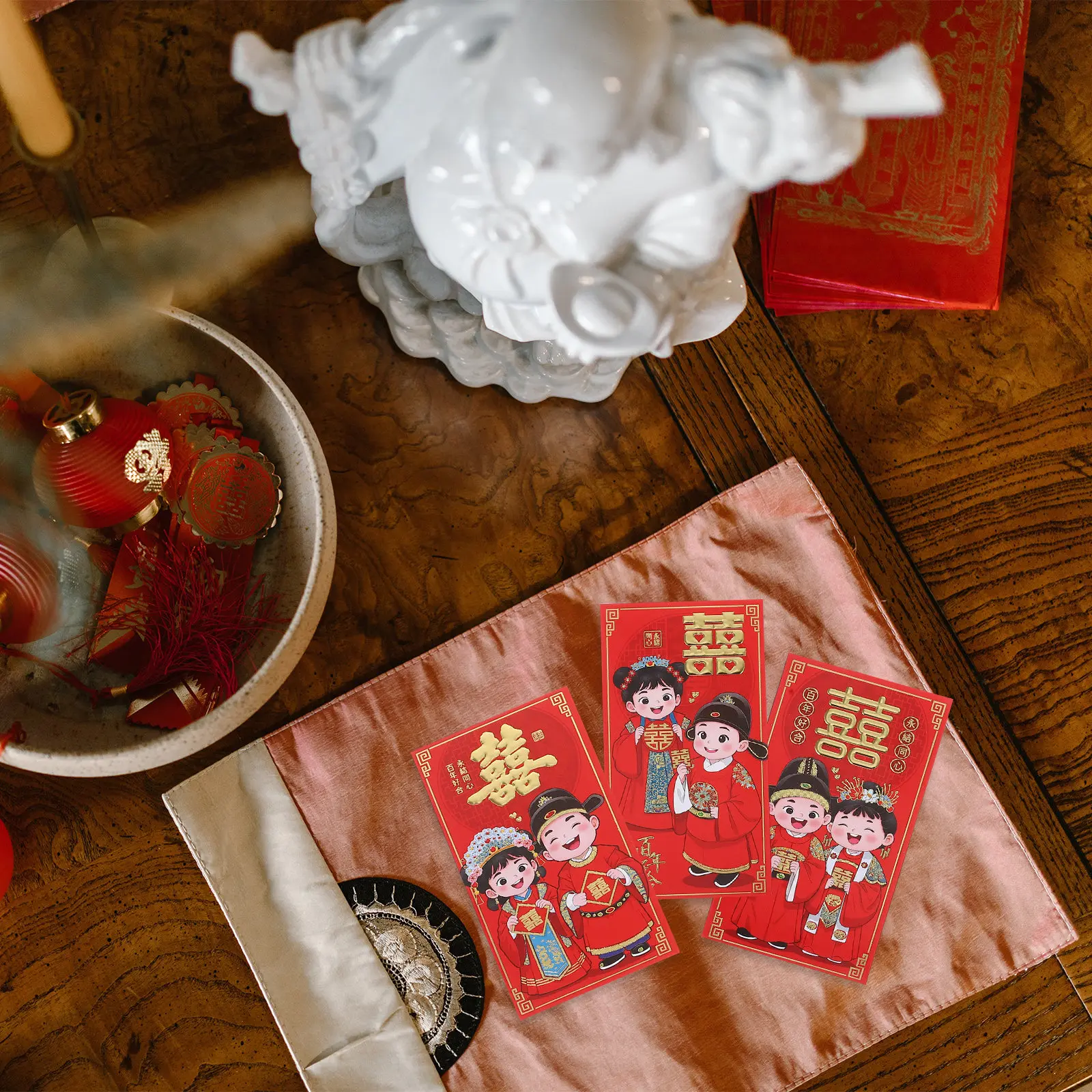 6Pcs Chinese Style Red Envelopes Wedding Money Envelopes Elegant Happiness Character Design Tear Resistant Paper Large Capacity