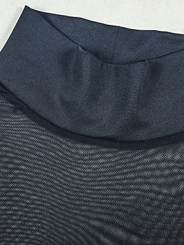 فستان قصير مثير أسود بقماش شفاف من Kricesseen فستان نسائي شفاف بأكمام طويلة وياقة مدورة وتنورة حفلات للنوادي #5