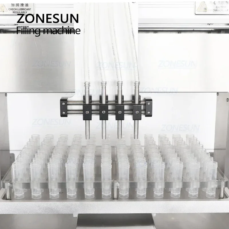 ZONESUN ZS-XYZ4 Macchina di rifornimento di liquidi 4 teste Pompa a stantuffo in ceramica Tubo per fiale Agenti chimici Linea di produzione di imballaggi