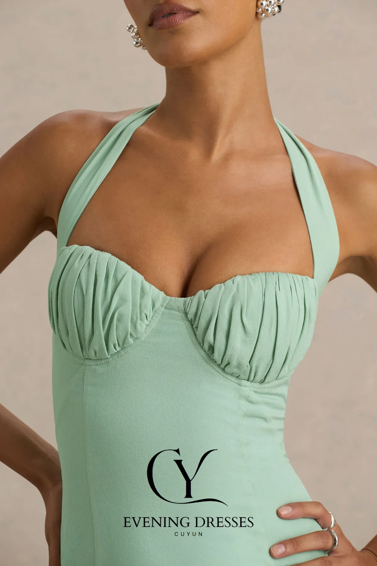 CUYUN Halter Backless Dames Avondjurken Aangepaste A-lijn Galajurk Chiffon Gedrapeerde Feestjurk voor Dames