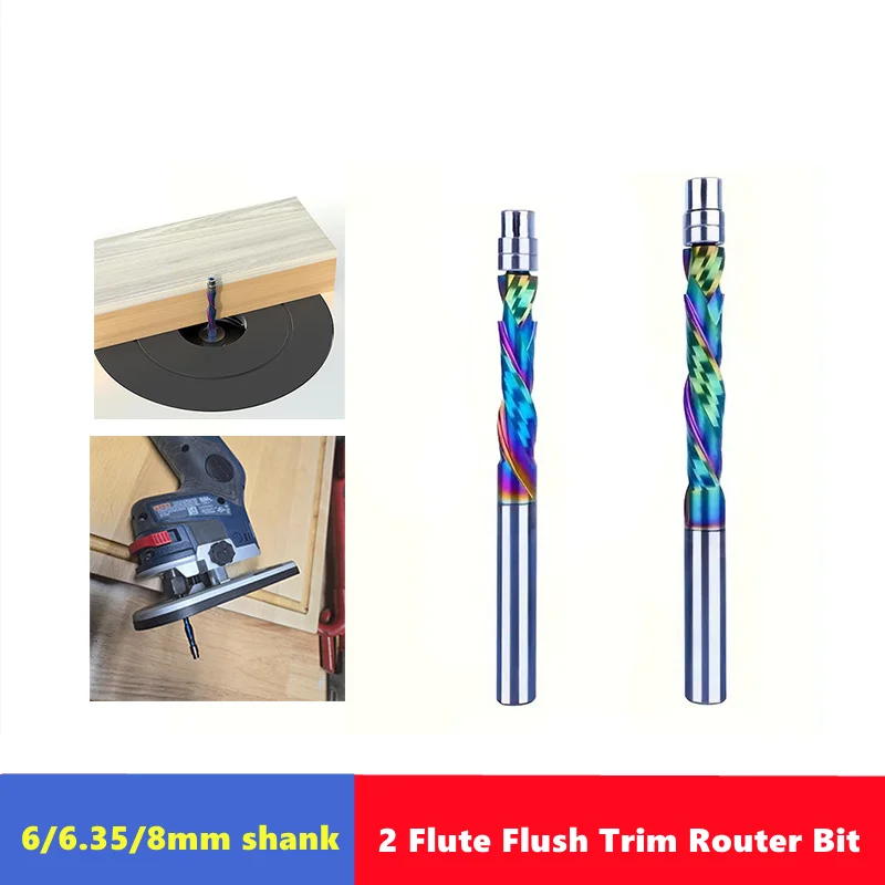 6 6.35 8mm Shank 2 Flutes Flush Trim Router Bit，DLC Coating Solid Carbide Bearing Guided Milling Cutters Woodworking End Mill