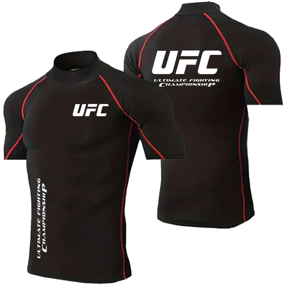 Summer New Outdoor Sports Running Street Fashion Fitness Sunscreen Top UFC printed fighting fan men's tight elastic T-shirt