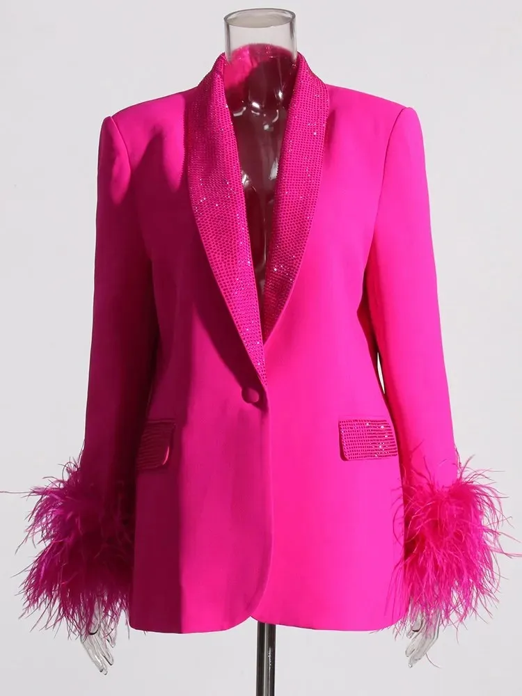 Blazer de diseño de plumas de estilo sólido desmontable para mujer