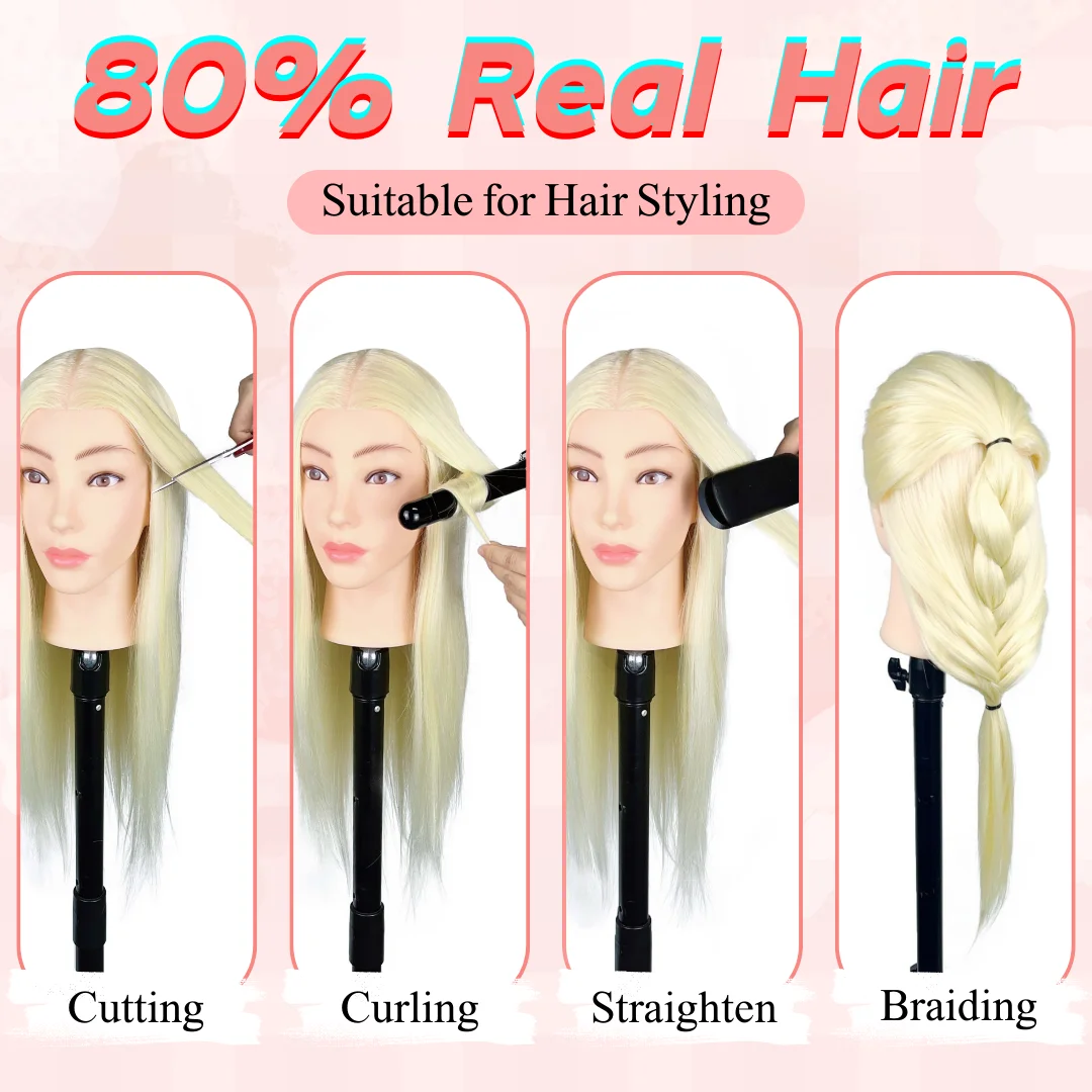 금발 화장품 마네킹 머리 70% 인간의 머리카락 26 "-28" 헤어 스타일링을위한 실제 머리 마네킹 머리 미용 연습 인형 머리