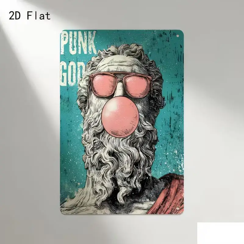 Punk God Statue Vintage Metal Tin Sign - Retro Pop Art (Pink Sunglasses, Bubble Gum, Teal) - Iron Wall Decor for Bar, Cafe, Home