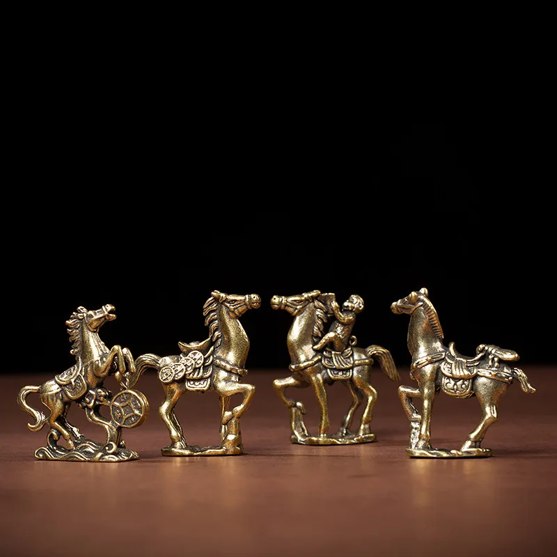 Antique Brass Solid Long Tail Horse Figurine Miniature Ornament Copper Zodiac Statue for Home Shelf Decor Collection