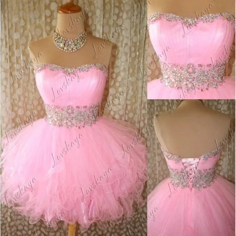Women Pink Strapless French Style Mini Princess Ball Gown Cocktail Homecoming Dress For Birthday Banquet Party