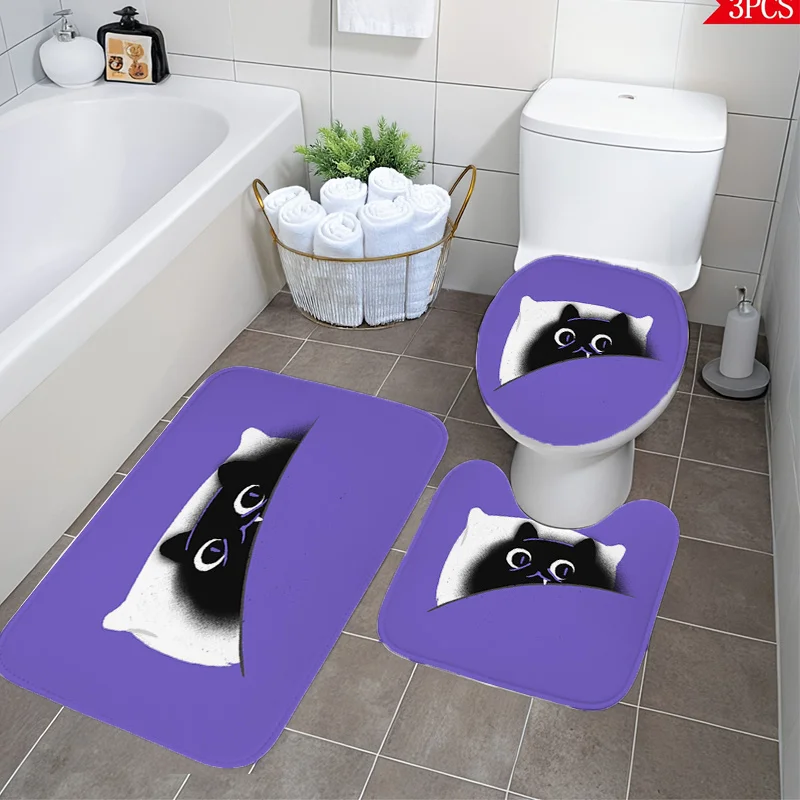 

Набор для ванной Purple Cat из 3 предметов: дизайн с черным котенком, плюшевая накладка на унитаз, коврик для унитаза и напольный коврик, мягкий нескользящий декор для детей или любителей животных