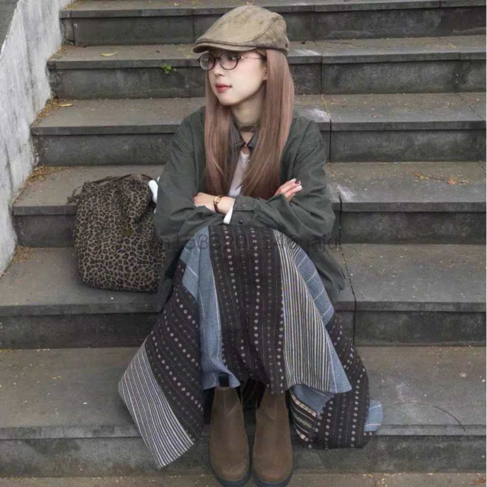 Women Multi Striped Floral Patchwork A Line Long Skirt Autumn Elastic Waist Slim Midi Skirt Casual Holiday Streetwear Daily Wear
