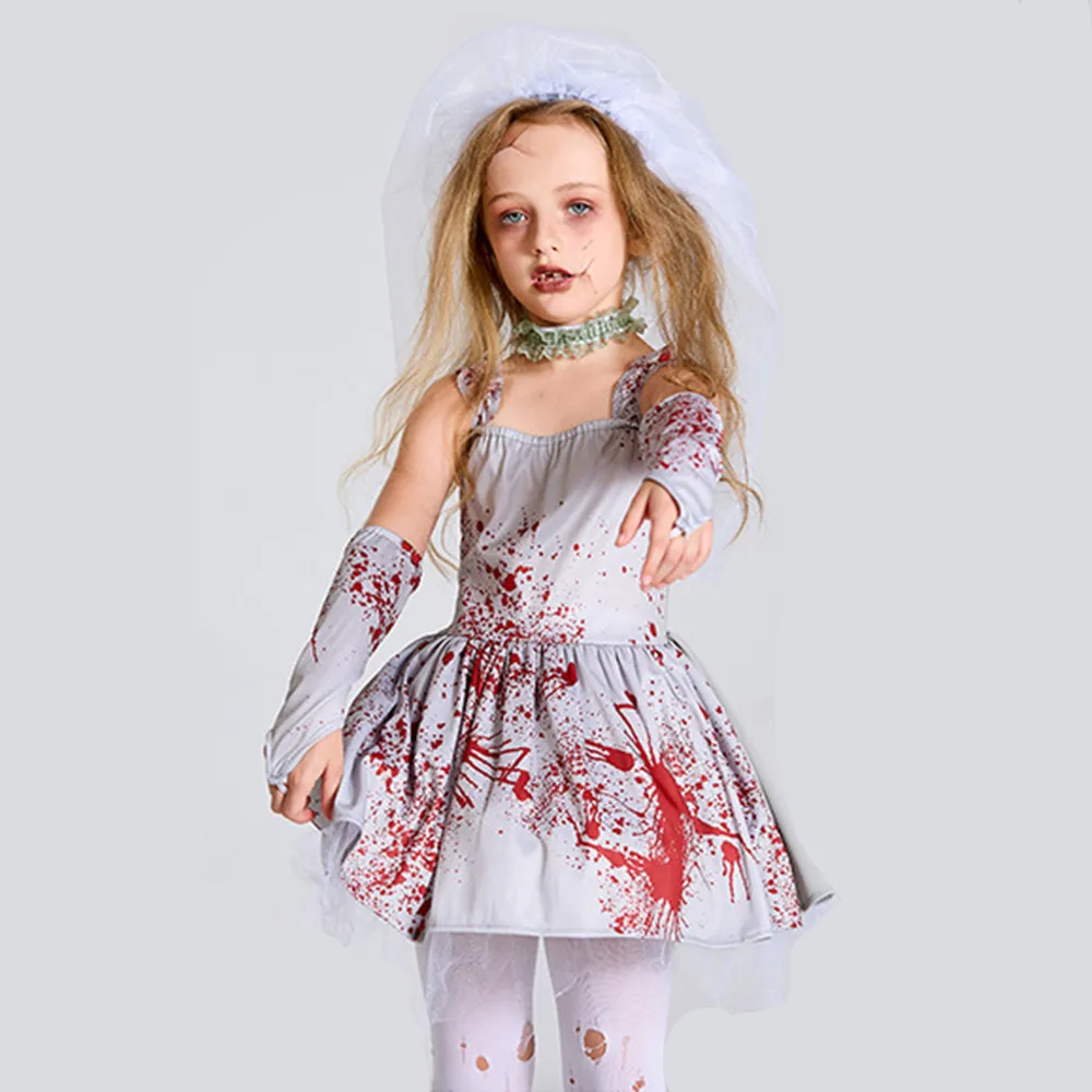 Meisjes Corpse Bride Scary Cosplay Kids Kinderen Halloween Bloody Walking Dead Zombie Kostuum Carnaval Purim Rollenspel Feestjurk