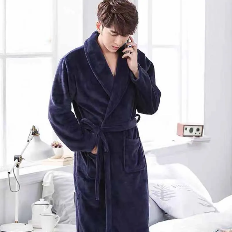 

Solid Color Men's Robe Flannel Autumn Winter Warm Sleepwear Thickened Bathrobe Loose Fitting Casual Home Wear Nightgown Bathrobe