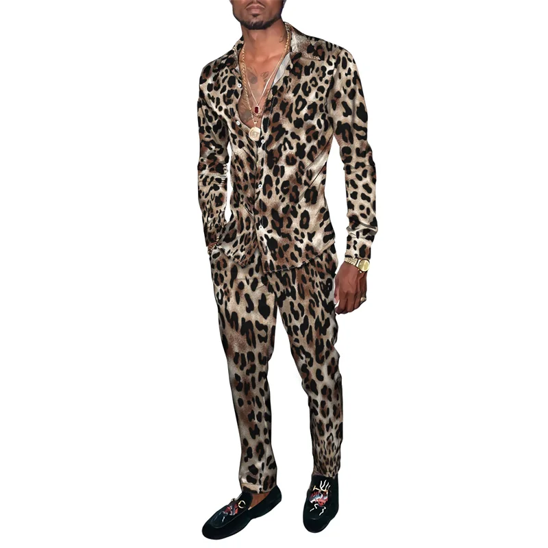 Moda estate uomo abbigliamento sportivo Casual Leopard floral 3D Print camicia a maniche lunghe con risvolto da uomo pantaloni lunghi due pezzi set