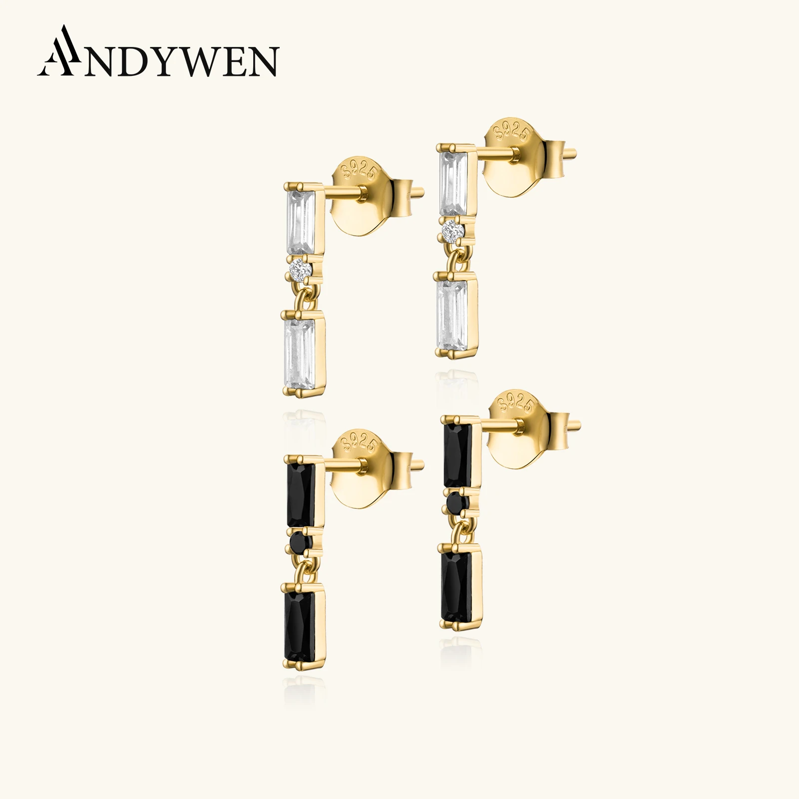 

ANDYWEN 925 Sterling Silver Gold Two Zircon Stud Earring Mini Tiny Rock Punk Jewelry Clips Small Fashion Luxury Jewels Fashion