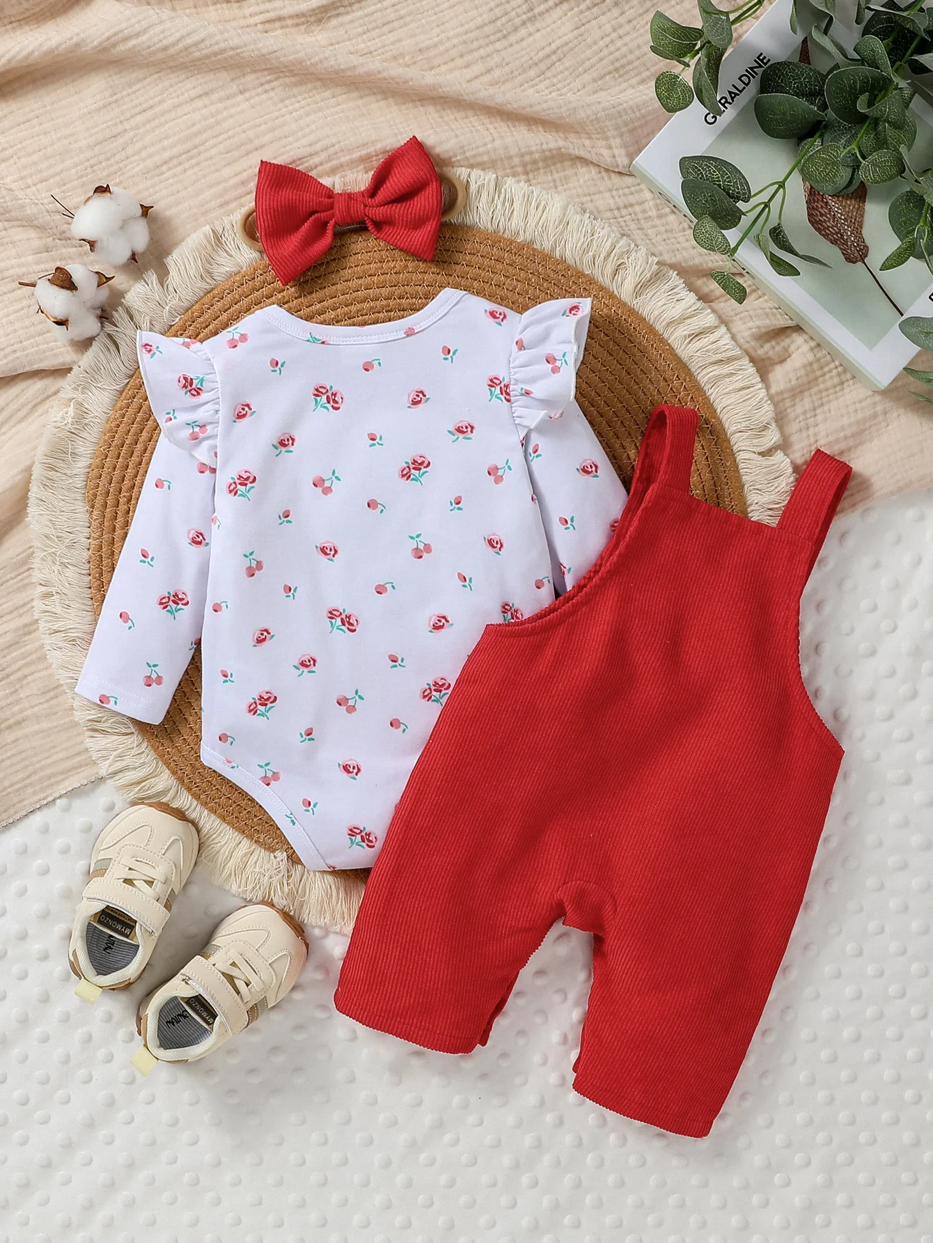 3Pcs Baby Girls Cute Long Sleeve Print Flower Romper+Red Suspender Trousers With Cartoon Bear Fall Clothes Set+Headband