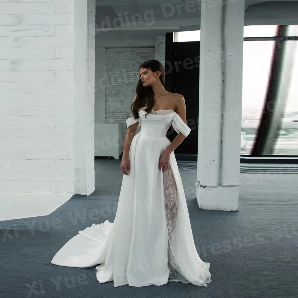 Elegant A Line Women's Wedding Dresses Lace Off Shoulder Vestido De Novia Bride Gowns Customized Sleeveless Side Slit Vestido