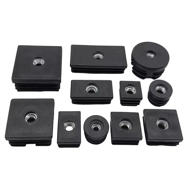 15~50mm Black Square/Round Plastic Pipe Plugs Adjustable Screw Foot Pad with M6 M8 M10 Nut Hole Blanking End Inserts Caps