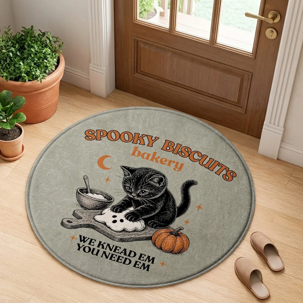 Spooky Biscuits Bakery Black Cat Pumpkin Crescent Moon Vintage Pattern Holiday Luxury Round Mat Area Rug Home Decor