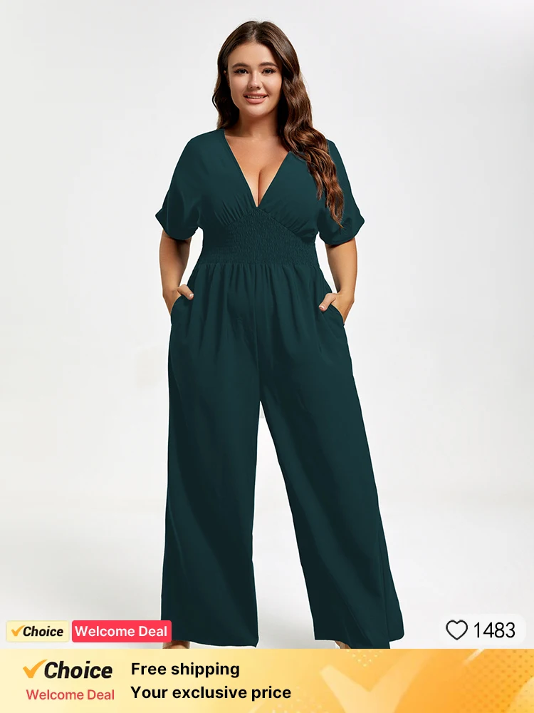 

Plus Sized Clothing Dark Green Office Waist Pocket Tie Back Dolman Sleeve Shirred Casual Jumpsuit Women Wide Leg Pants Jumpsuit