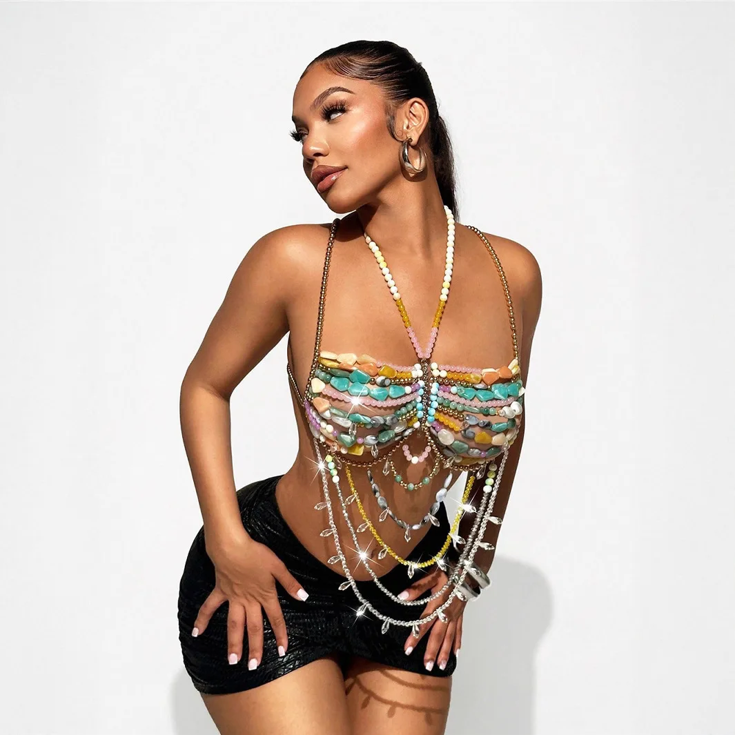 Hand-woven Multi-color Stone Beading Bra Chain Summer Bikini Crop Tops for Women Sexy Halter Tops  Camisole Party Body Jewelry