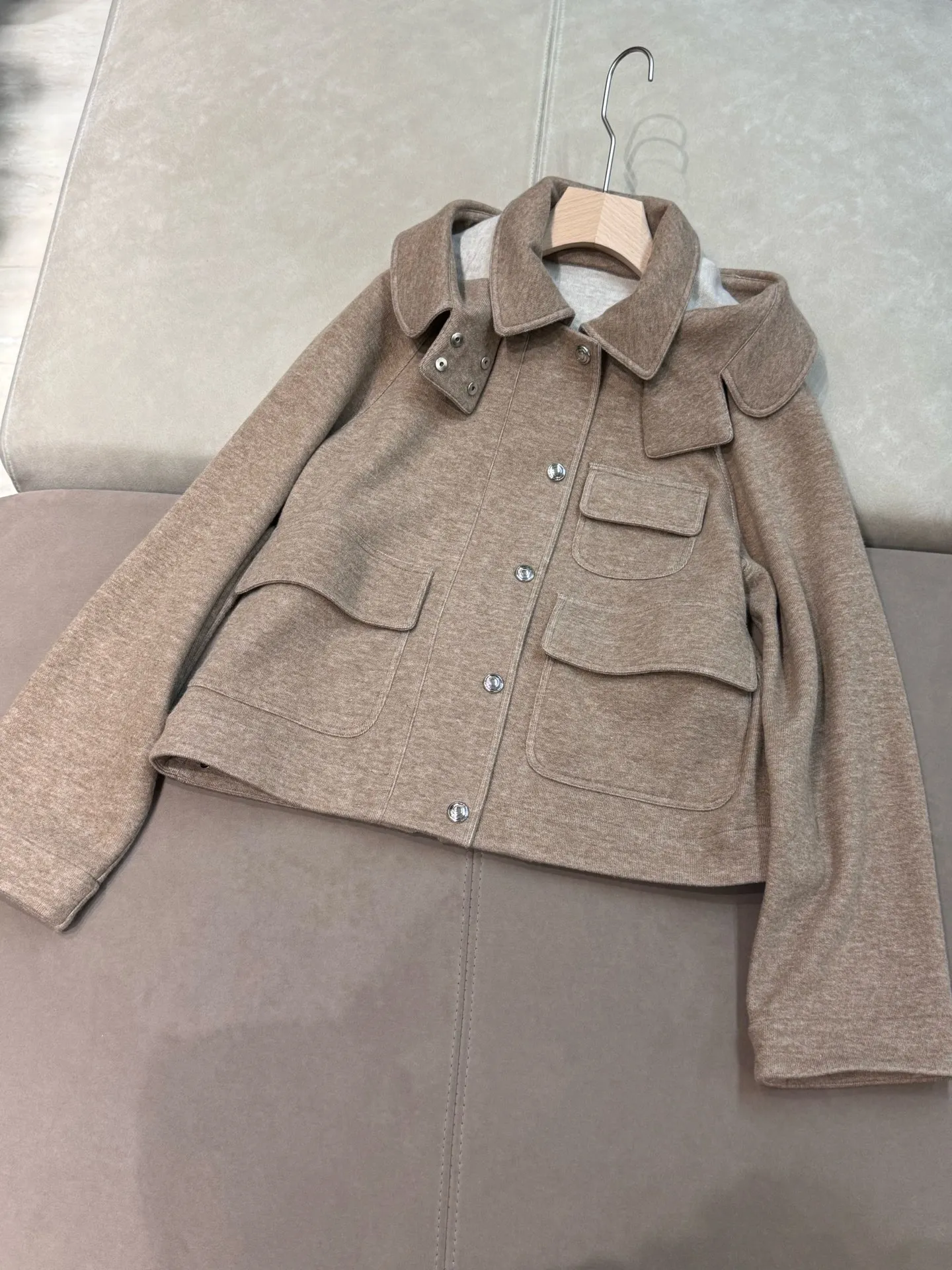 Spring Summer 2025 Women's Cashmere Wool Hooded Jacket Single Breasted Straight Pocket Jacket