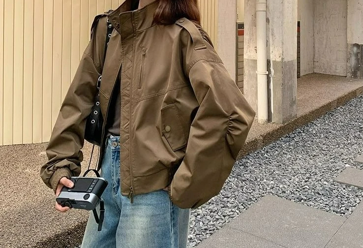 

Vintage Short Workwear Jacket for Women 2025 Autumn New Stand Collar Design Top