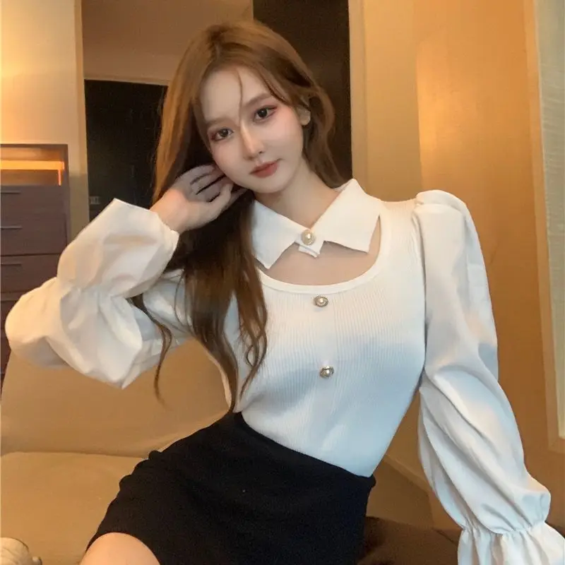 Spring Autumn Simplicity Fashion Patchwork Solid Color Bottoming Shirt Femme All-match Hollow Out Puff Sleeve Pullovers Top Tee